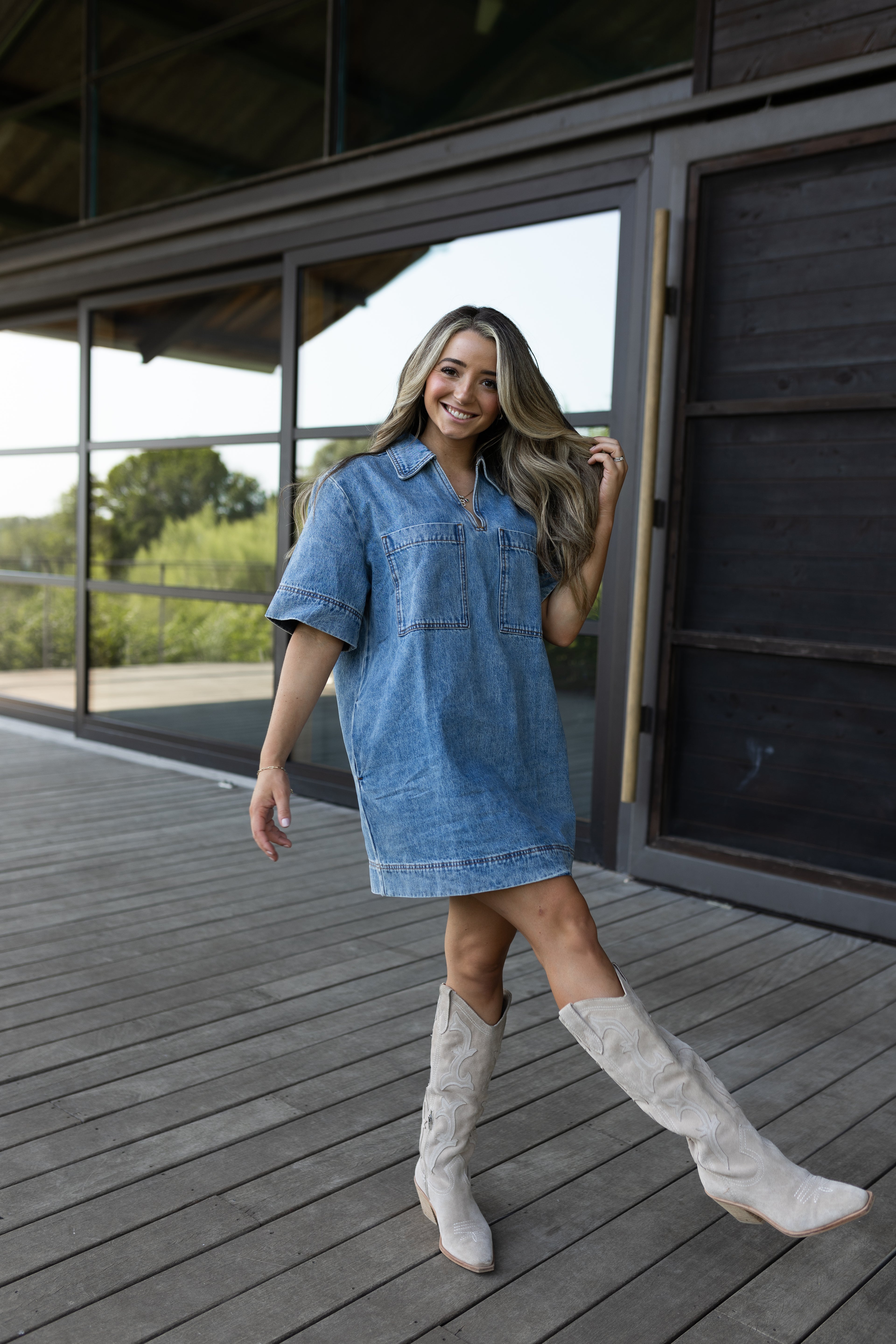 V Neck Denim Tunic Dress