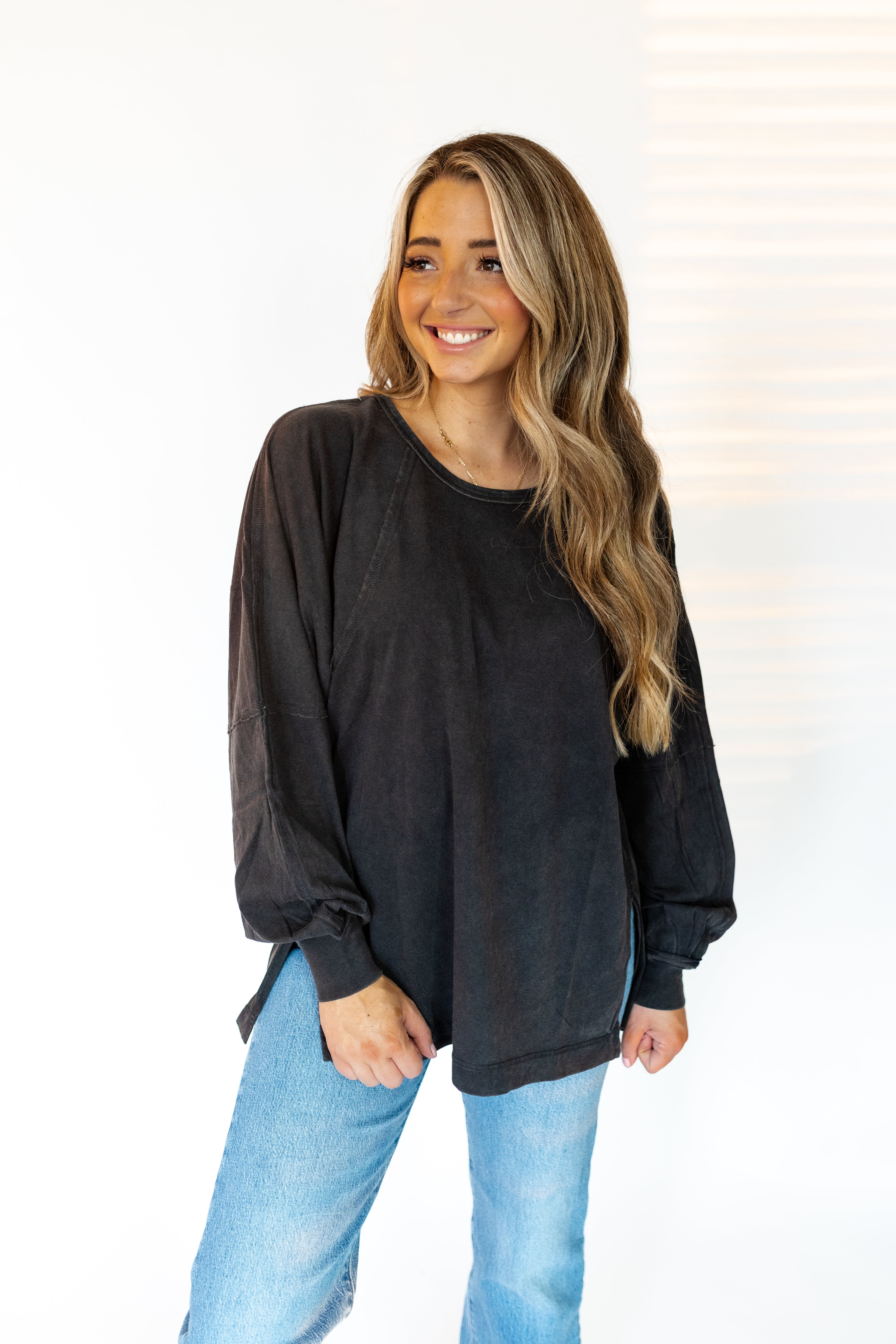 Anywhere Washed Long Sleeve Top in Black