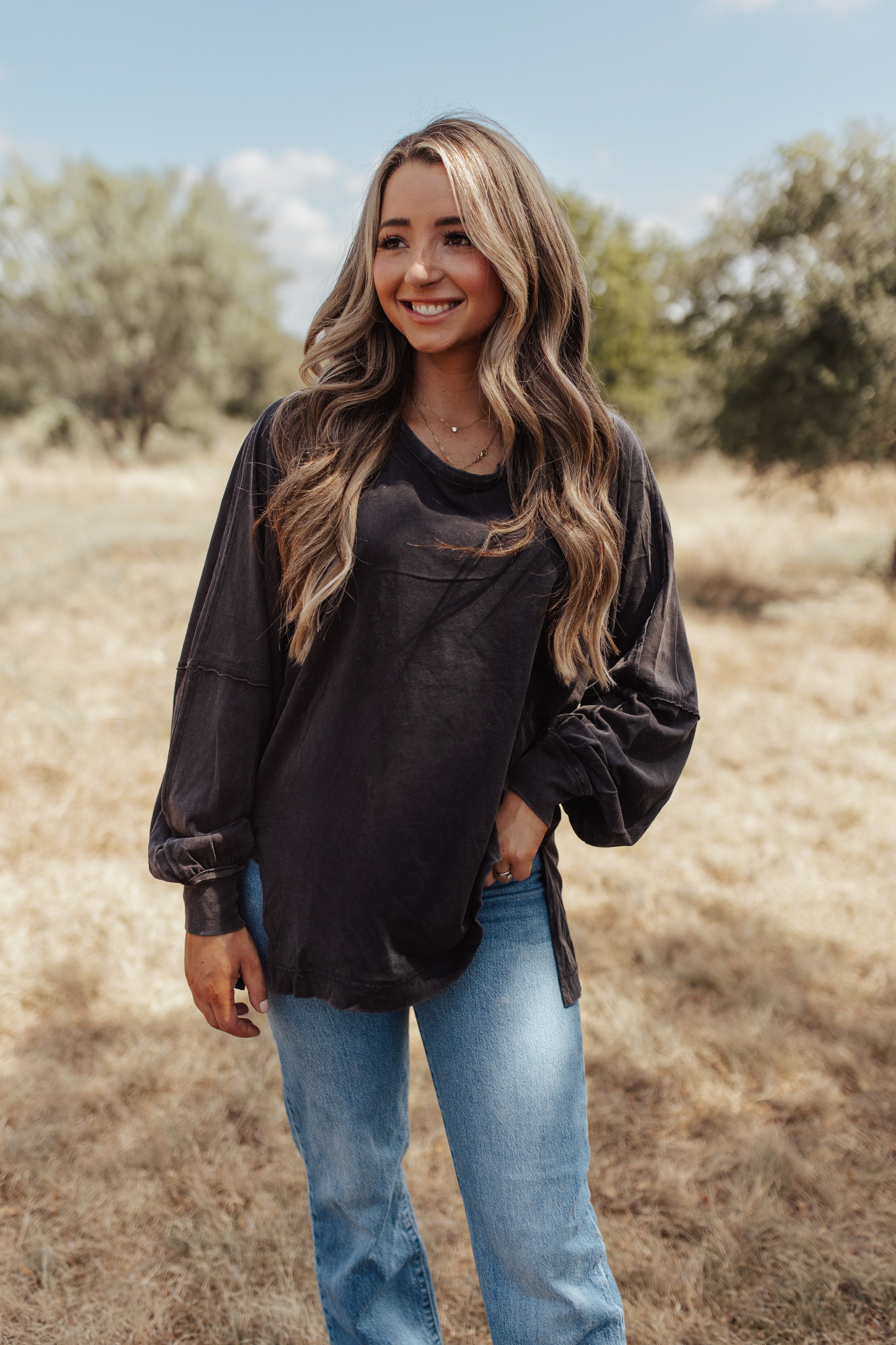 Anywhere Washed Long Sleeve Top in Black