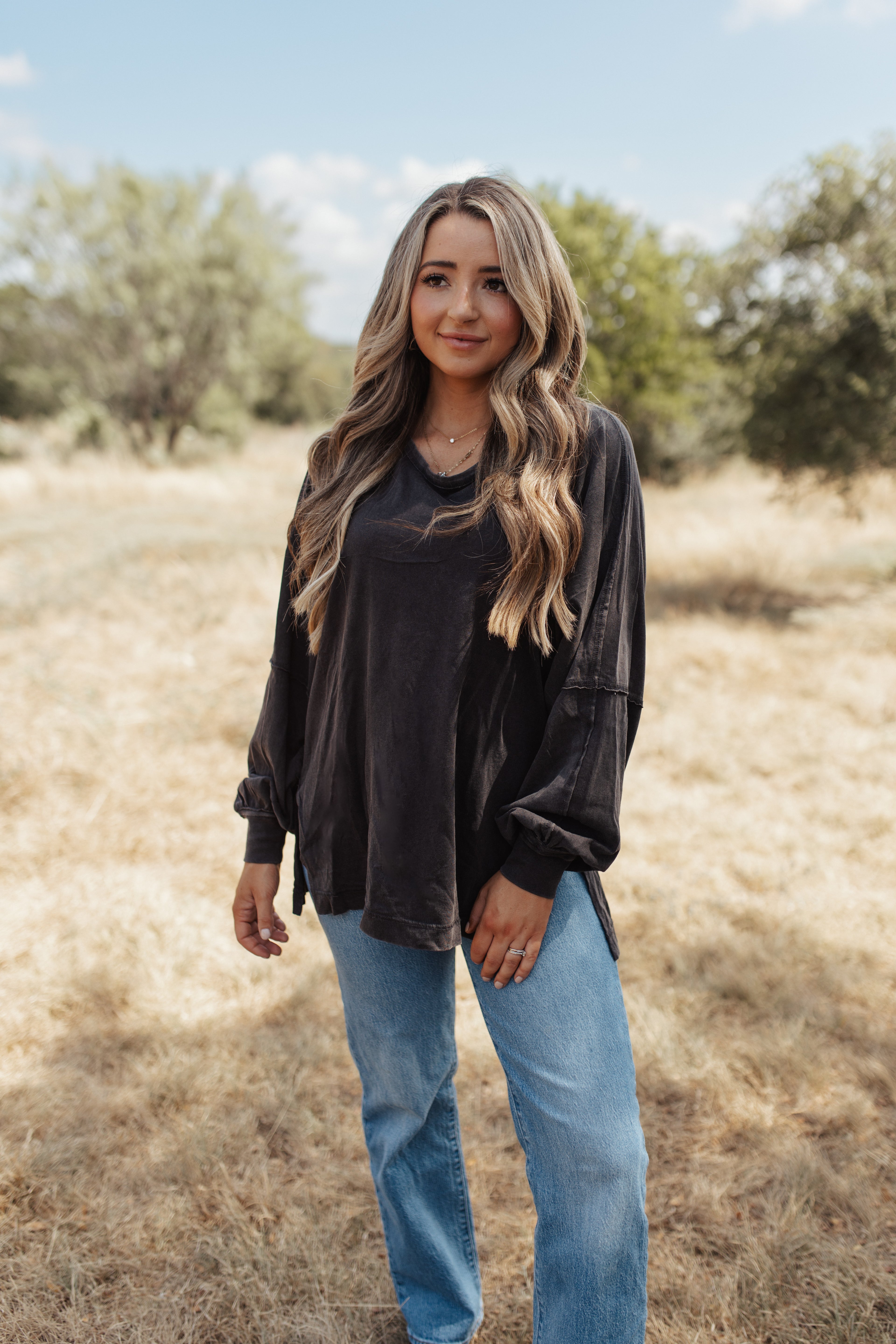 Anywhere Washed Long Sleeve Top in Black