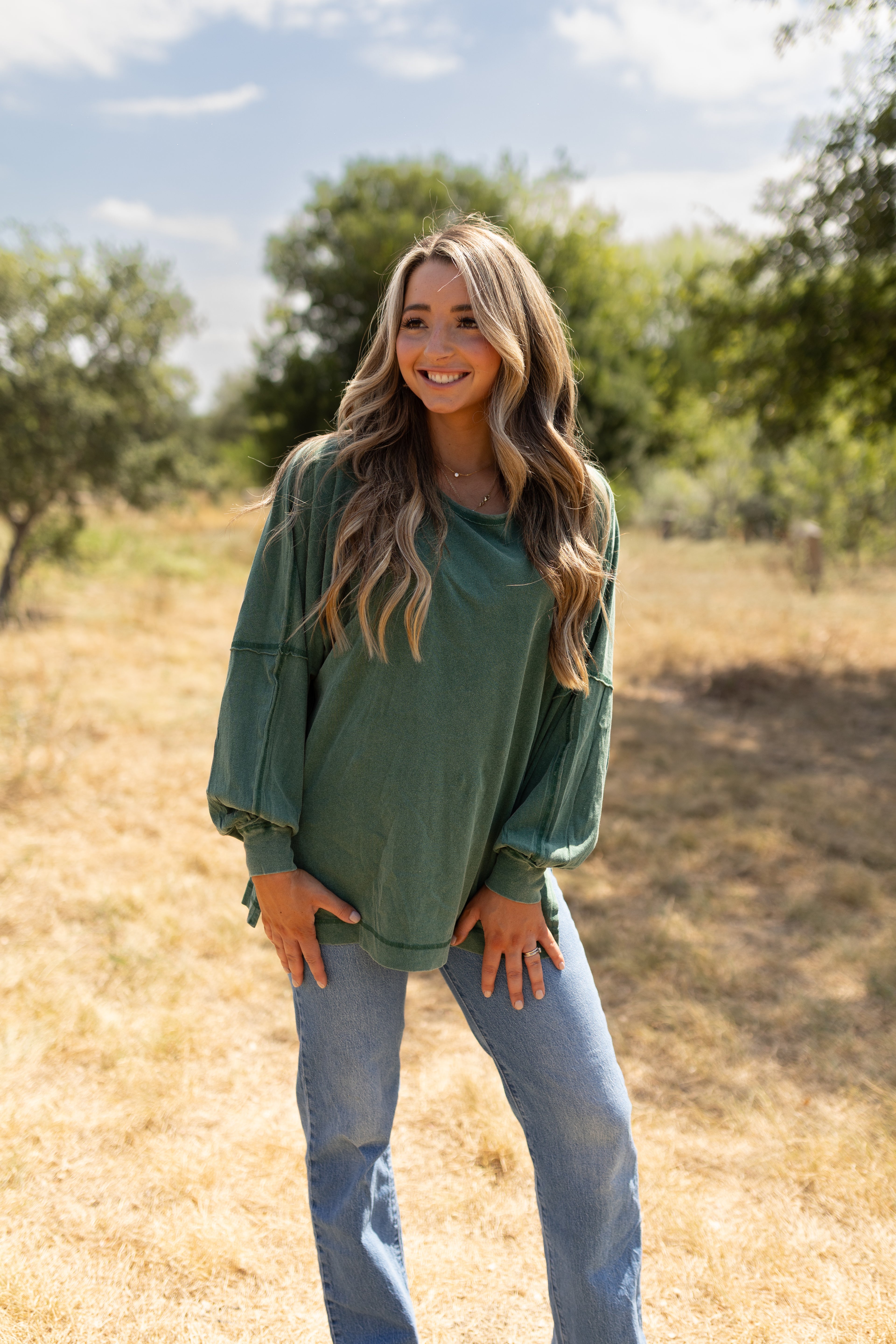 Anywhere Washed Long Sleeve Top in Forest