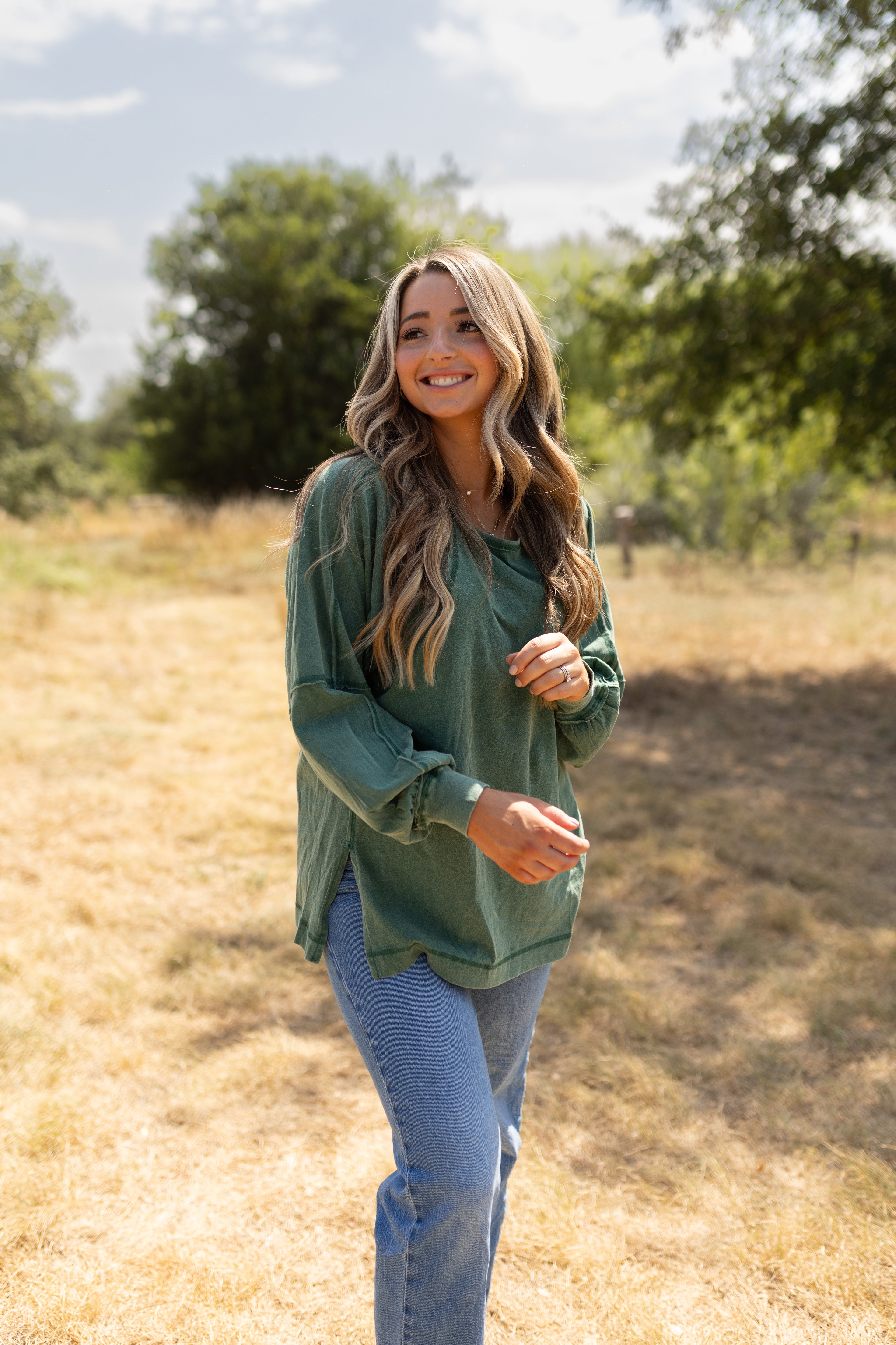 Anywhere Washed Long Sleeve Top in Forest