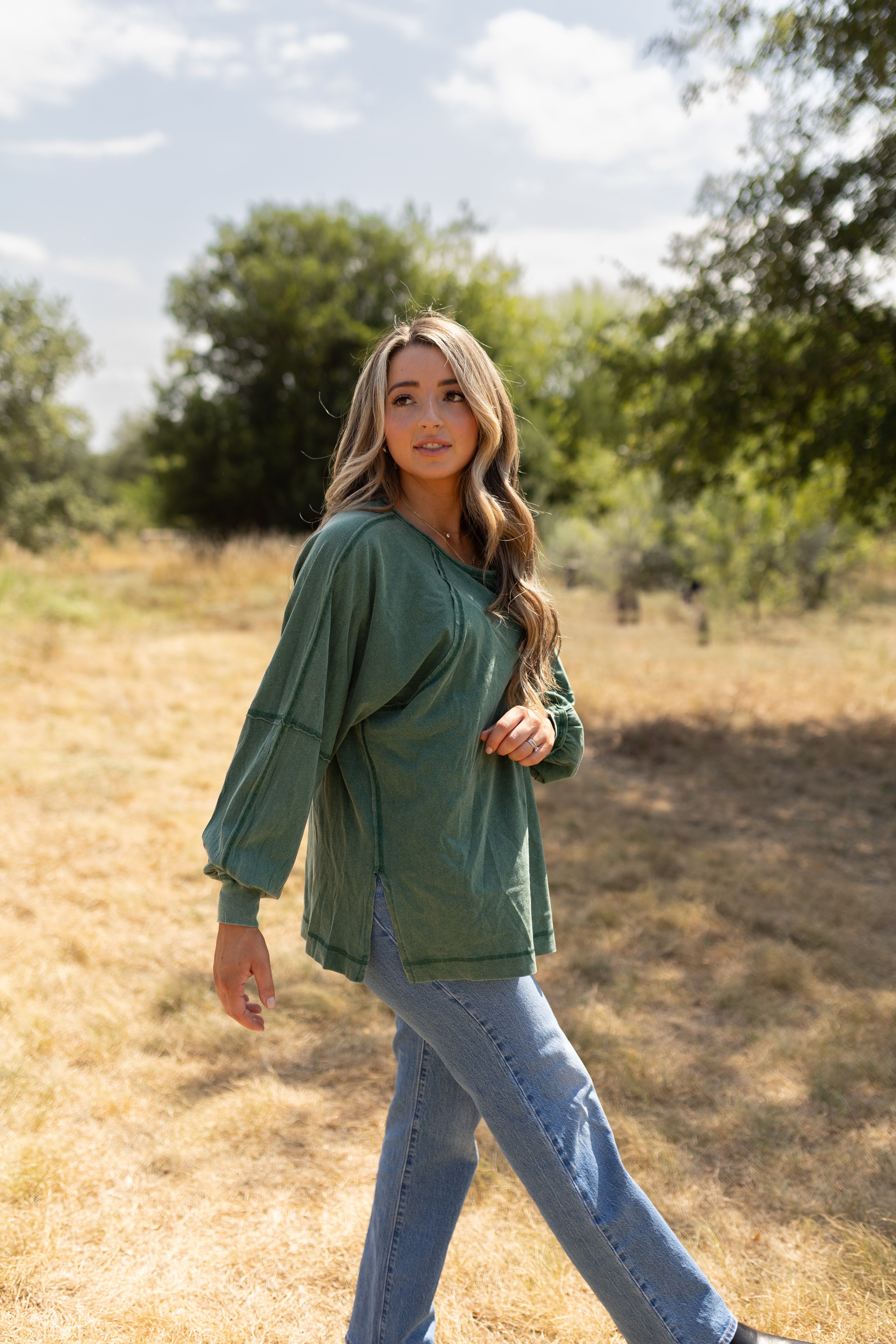 Anywhere Washed Long Sleeve Top in Forest