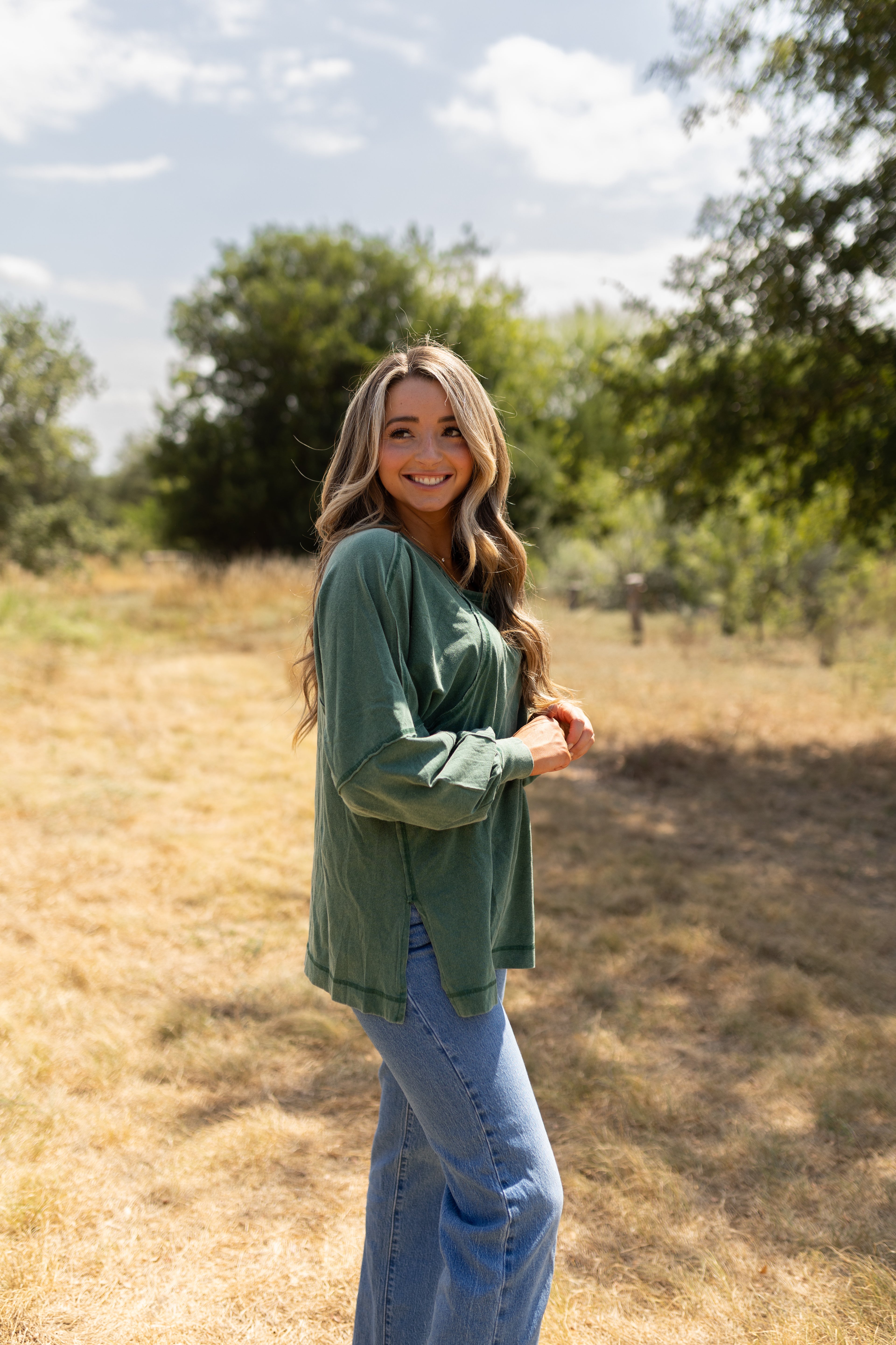 Anywhere Washed Long Sleeve Top in Forest
